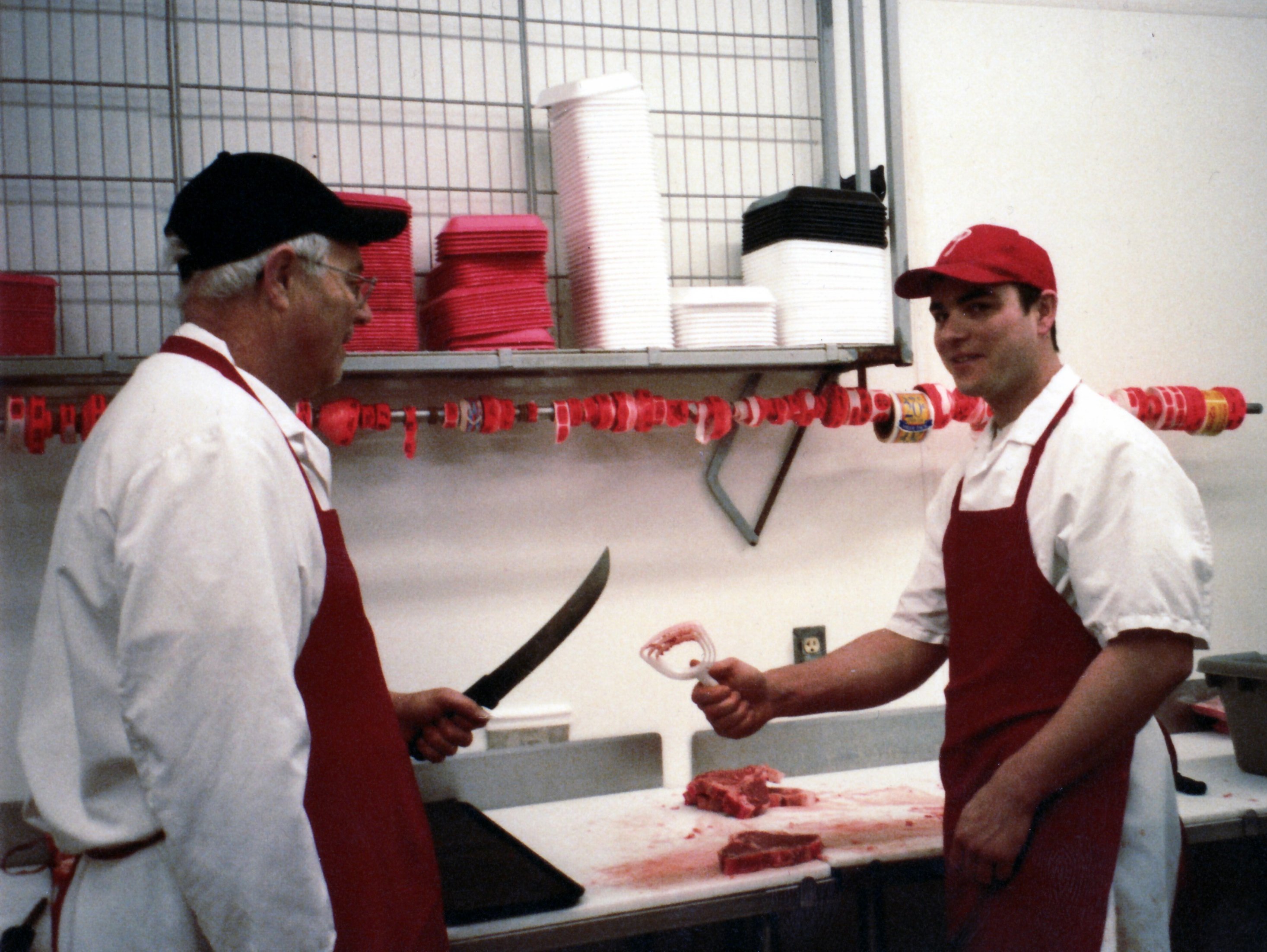 Ptacek IGA meat counter, Mike Ptacek and son Ralph Ptacek